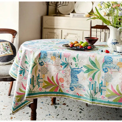 Jungle vibes tablecloth cream blue & green tiger print kitchen decor