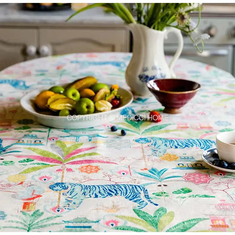 Jungle vibes tablecloth cream blue & green tiger print kitchen decor