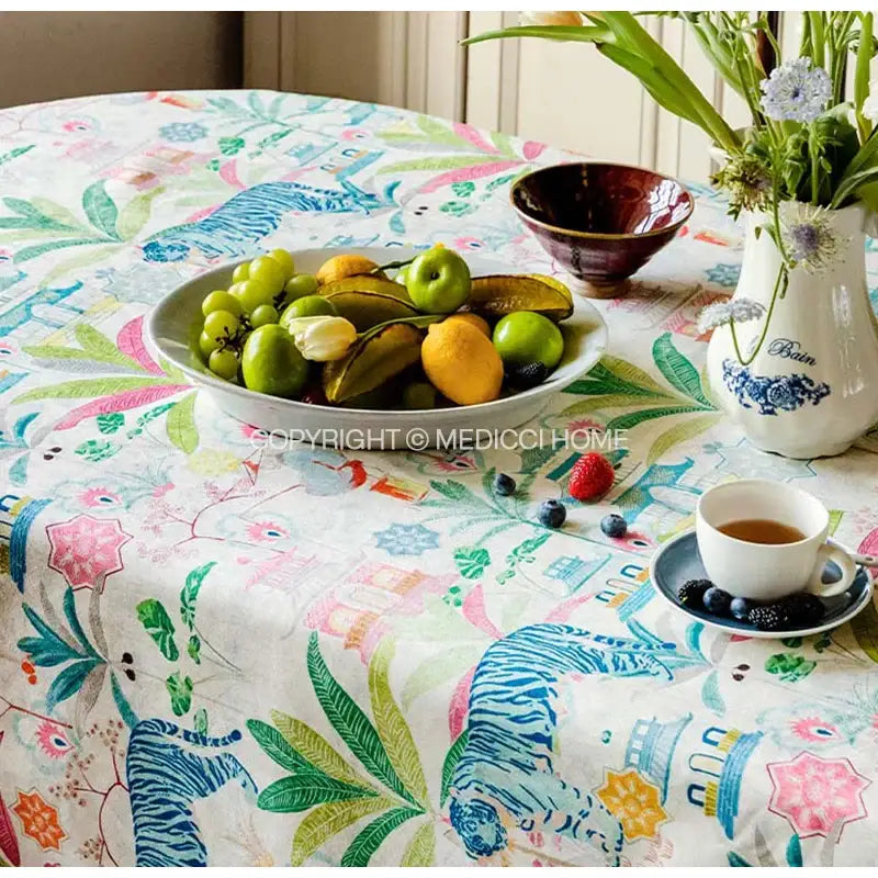 Jungle vibes tablecloth cream blue & green tiger print kitchen decor