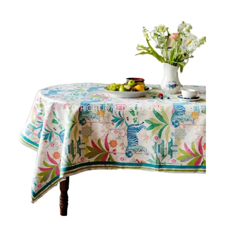 Jungle vibes tablecloth cream blue & green tiger print kitchen decor
