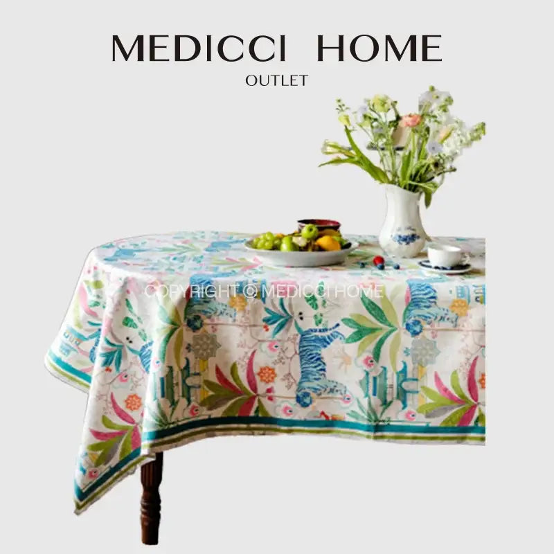Jungle vibes tablecloth cream blue & green tiger print kitchen decor