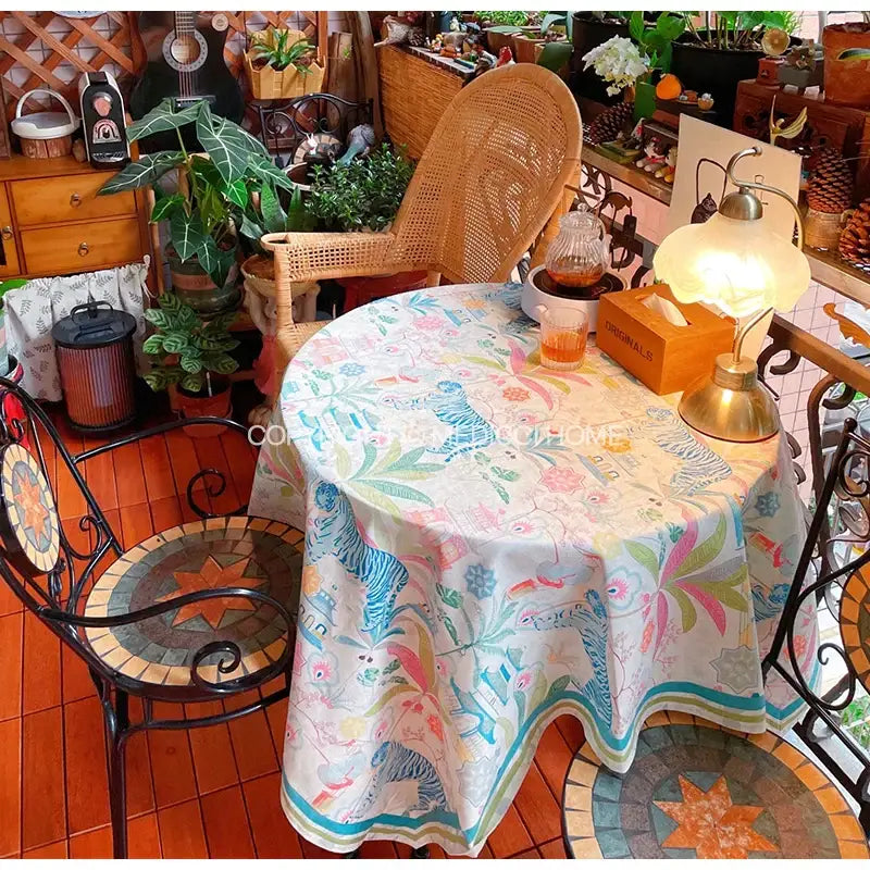 Jungle vibes tablecloth cream blue & green tiger print kitchen decor