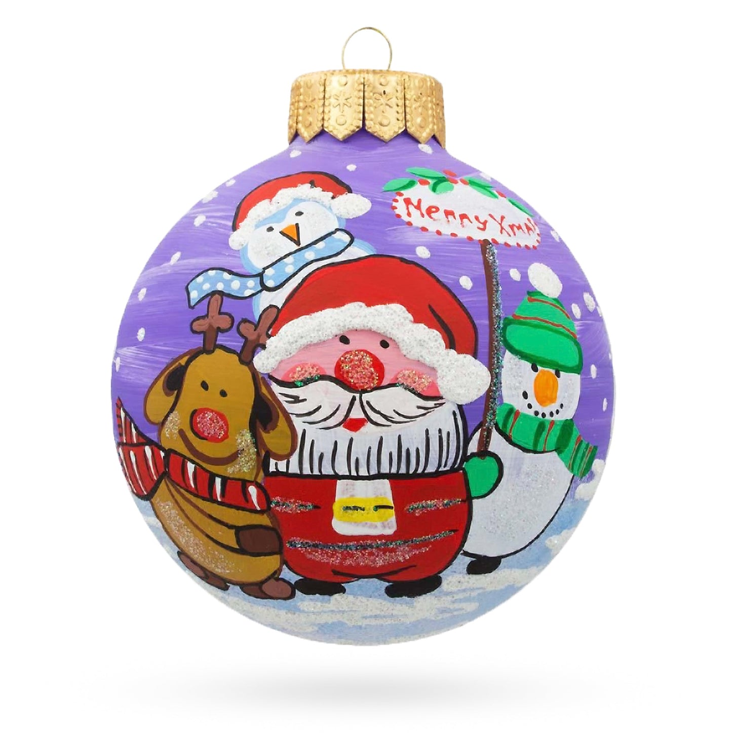 Santa, Reindeer, and Snowman Friends Glass Ball Christmas Ornament 4 Inches