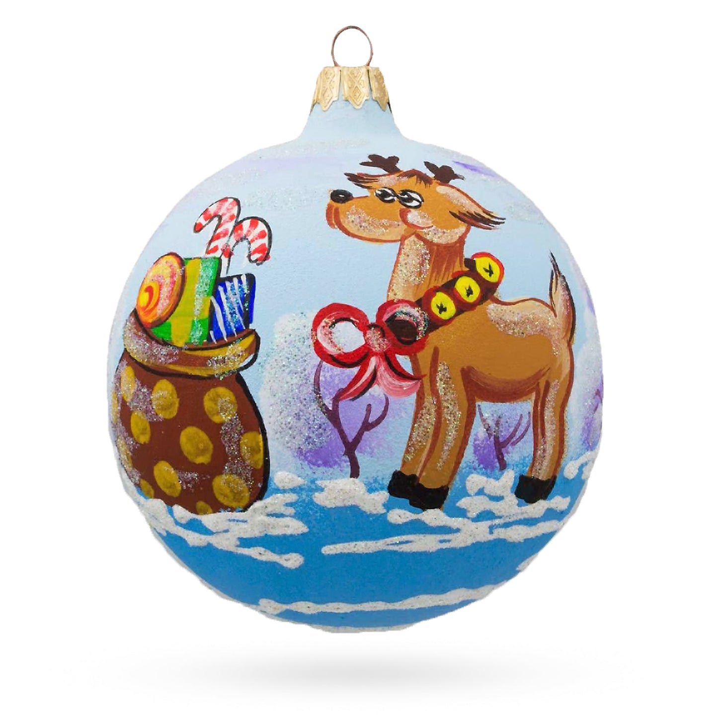 Reindeer Carrying Bag of Gifts Glass Ball Christmas Ornament 4 Inches