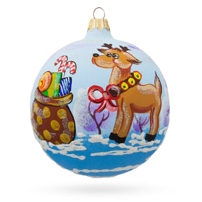 Reindeer Carrying Bag of Gifts Glass Ball Christmas Ornament 4 Inches
