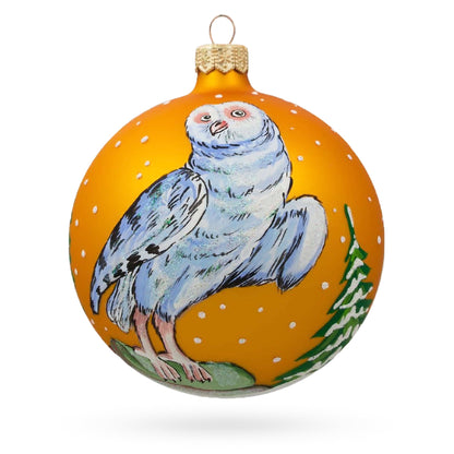 White Owl Perched by Winter Tree Glass Ball Christmas Ornament 4 Inches