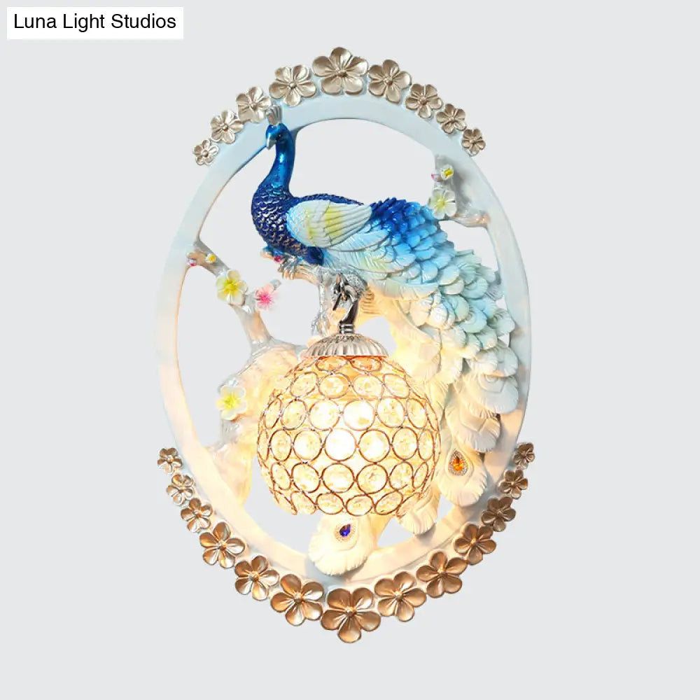 DecorBites™ K9 Crystal Ball Peacock Design Wall Sconce - Contemporary Blue & White Living Room Lighting
