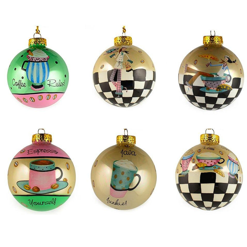 Set of 6 Coffee, Mocha, Latte Lovers Christmas Glass Ball Ornaments 3.25 Inches