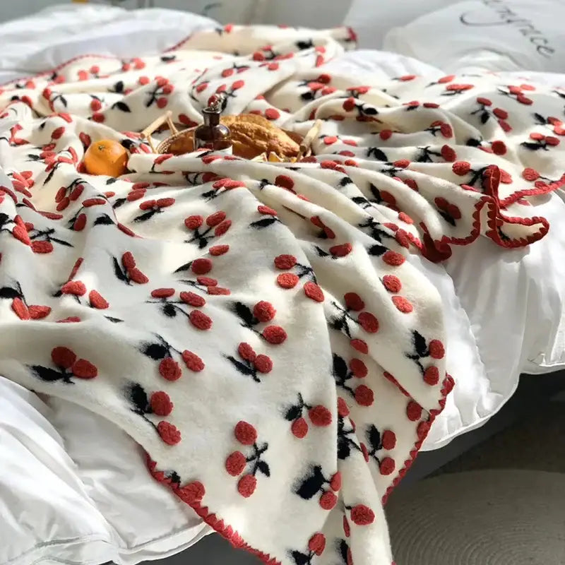 Kawaii cream and red cherry kids wool blanket bedroom decor