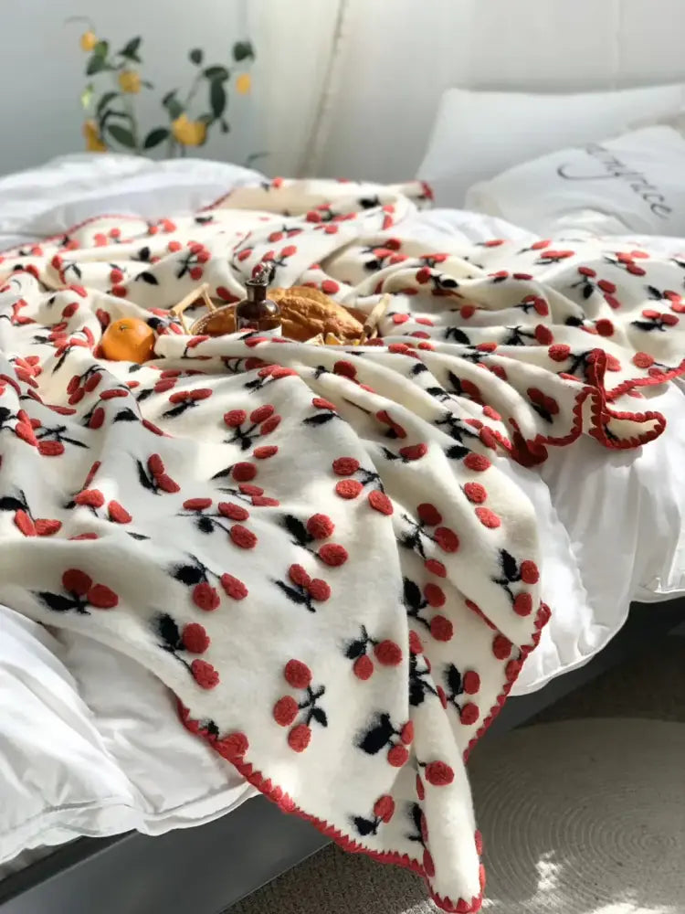 Kawaii cream and red cherry kids wool blanket bedroom decor