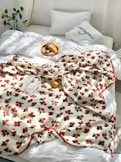 Kawaii cream and red cherry kids wool blanket bedroom decor