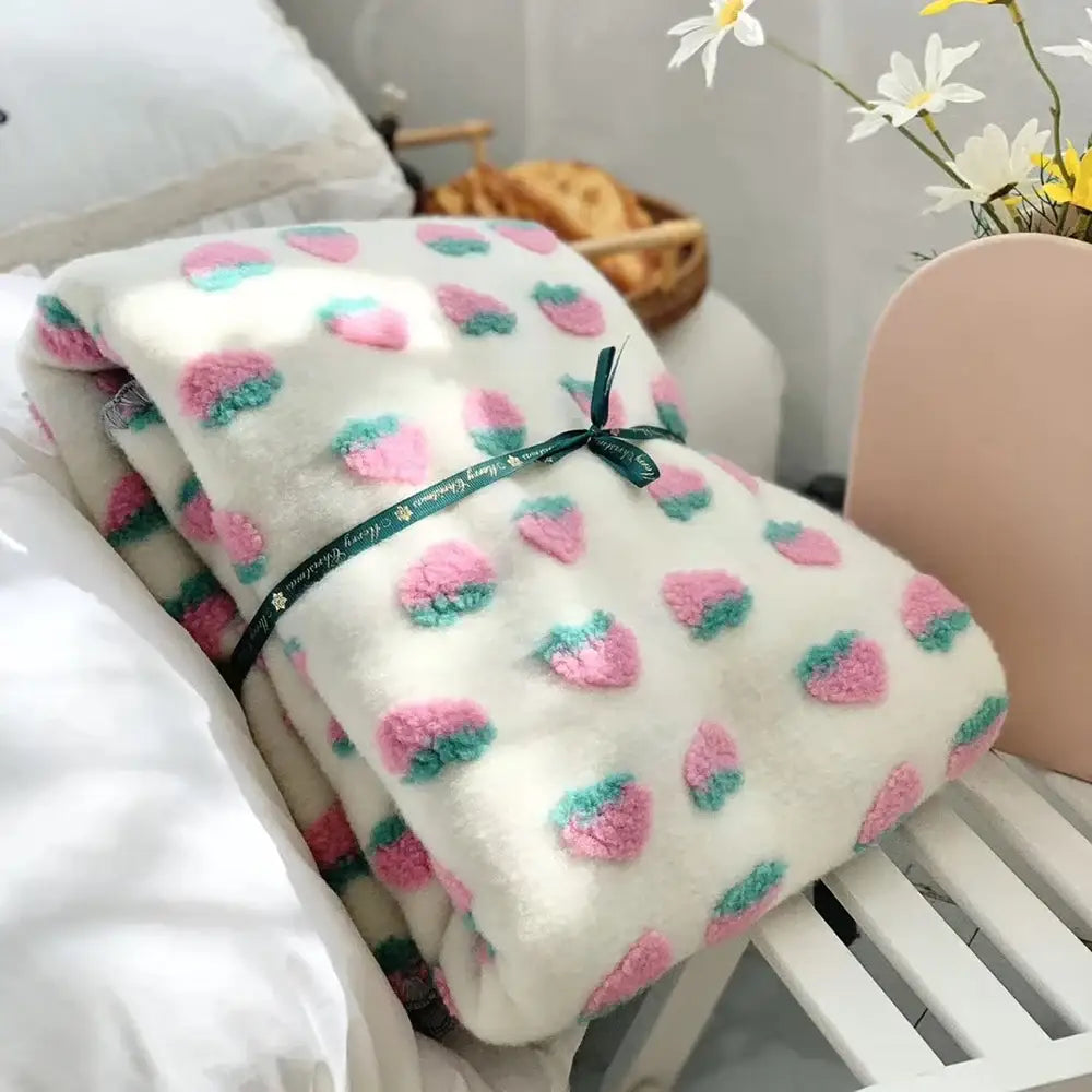 Kawaii cream and red cherry kids wool blanket bedroom decor