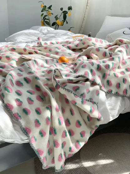 Kawaii cream and red cherry kids wool blanket bedroom decor