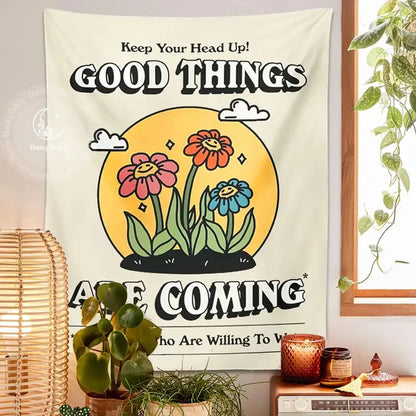 Kawaii cream cartoon flowers tapestry wall hanging bedroom decor