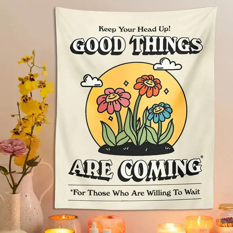 Kawaii cream cartoon flowers tapestry wall hanging bedroom decor