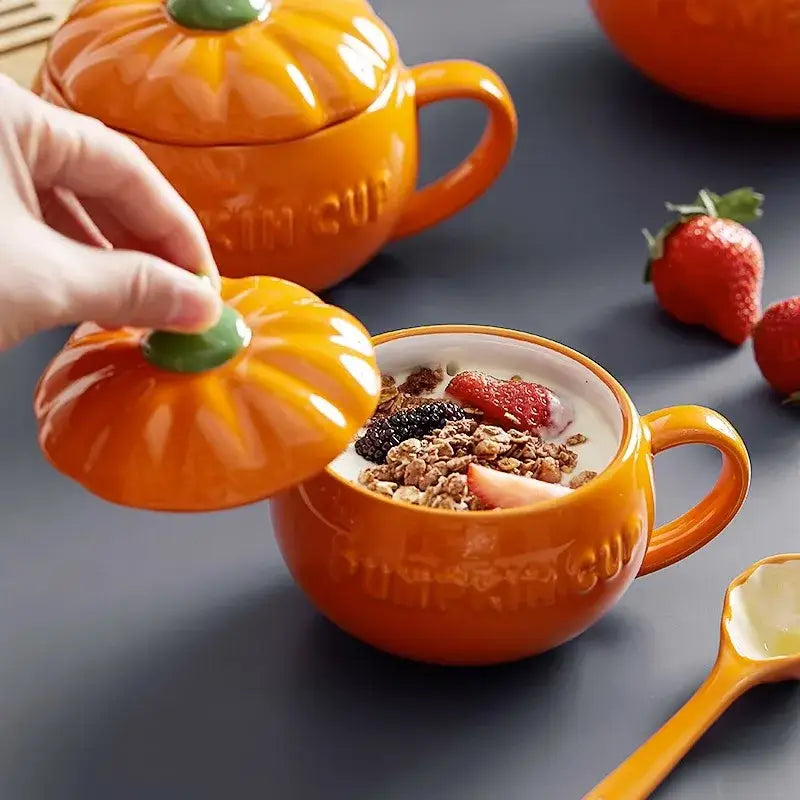 Kawaii orange pumpkin shaped ceramic cup with lid – kitchen soup mug
