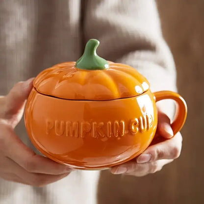 Kawaii orange pumpkin shaped ceramic cup with lid – kitchen soup mug