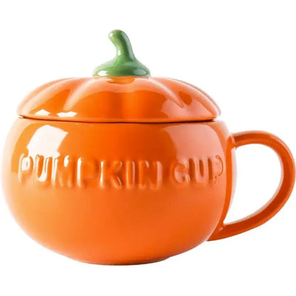 Kawaii orange pumpkin shaped ceramic cup with lid – kitchen soup mug