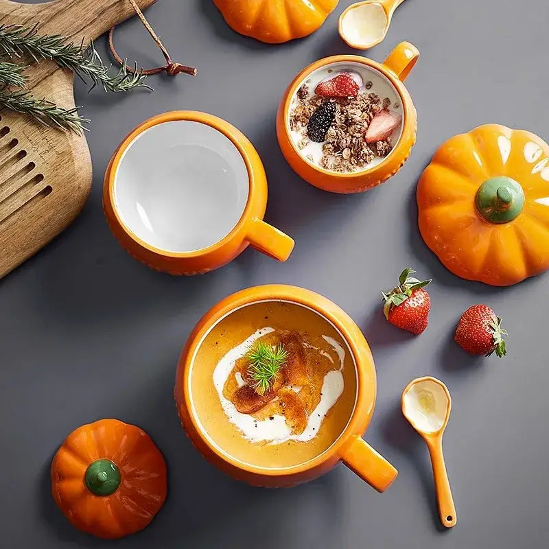Kawaii orange pumpkin shaped ceramic cup with lid – kitchen soup mug