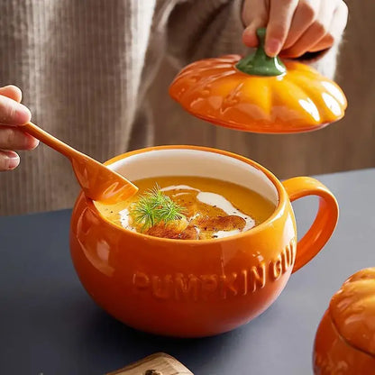 Kawaii orange pumpkin shaped ceramic cup with lid – kitchen soup mug