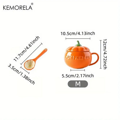 Kawaii orange pumpkin shaped ceramic cup with lid – kitchen soup mug