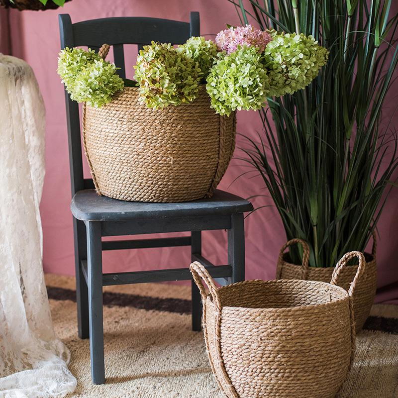 Khaki Brown Solid Color Straw Basket With Handles, view 2