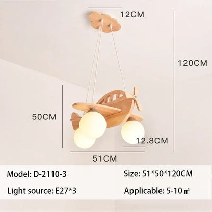 Kids wood airplane pendant light bedroom with frosted glass bulbs