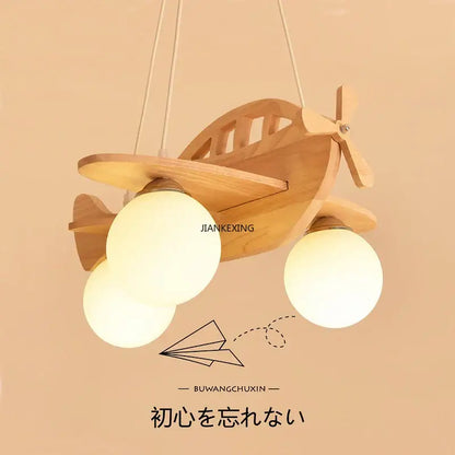 Kids wood airplane pendant light bedroom with frosted glass bulbs