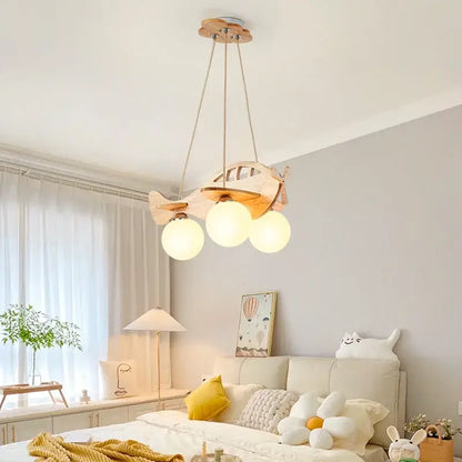 Kids wood airplane pendant light bedroom with frosted glass bulbs