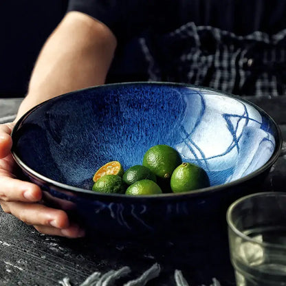 Kiln glazed blue speckled ceramic bowl dining room ramen dish