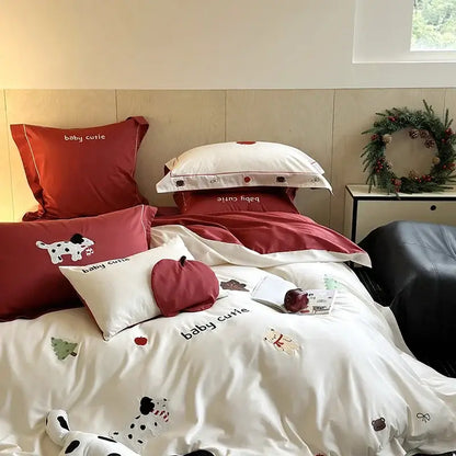 King bear embroidered white & red bedding set bedroom duvet cover