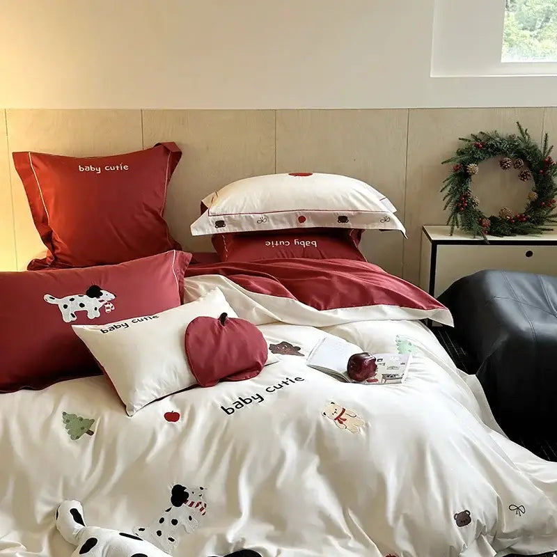 King bear embroidered white & red bedding set bedroom duvet cover