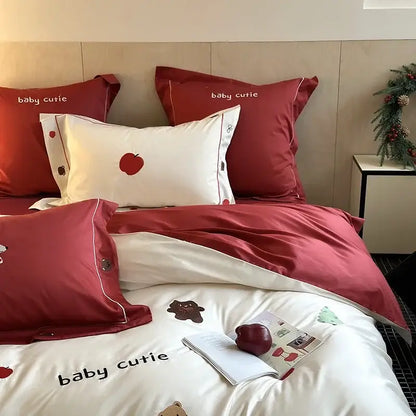 King bear embroidered white & red bedding set bedroom duvet cover