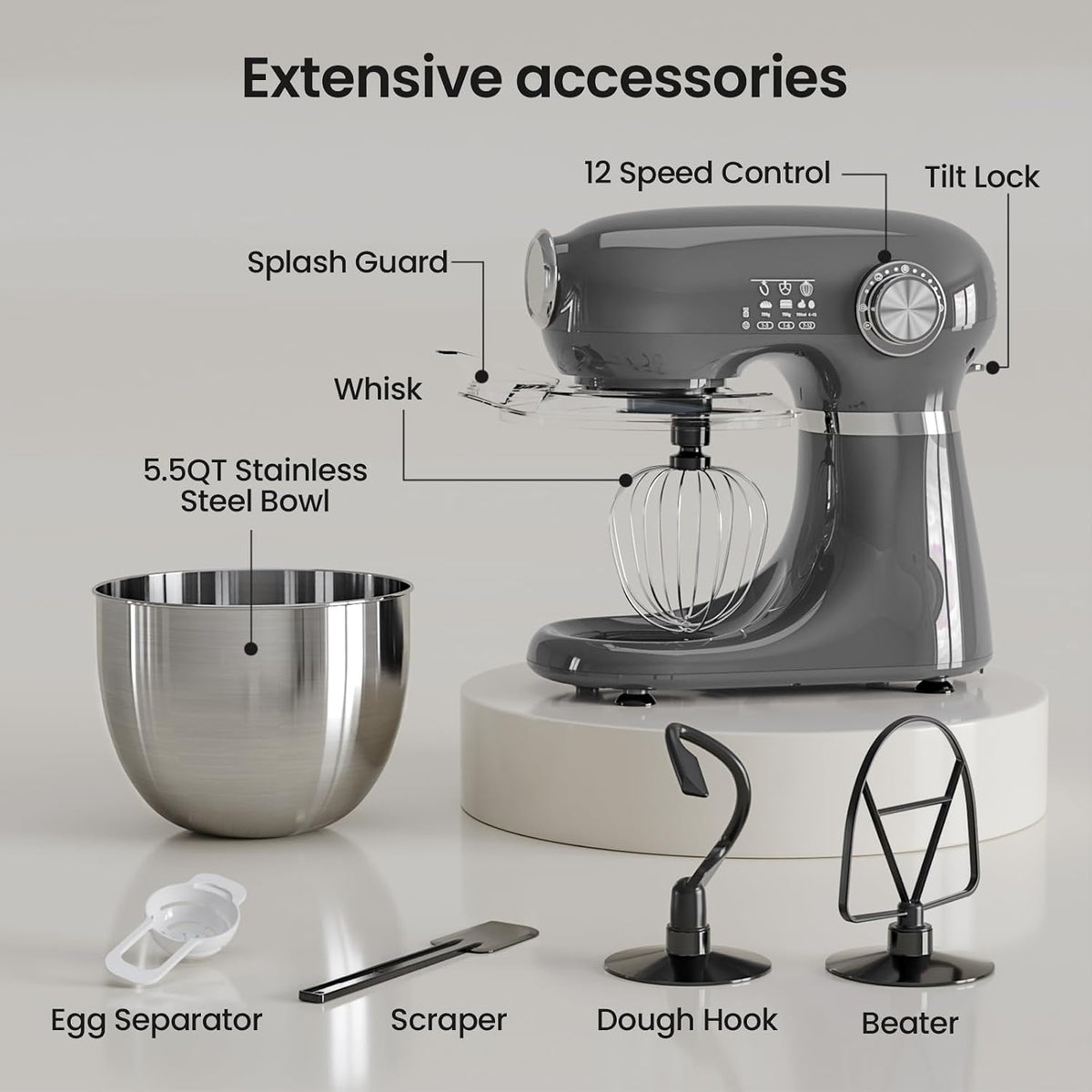 Kismile Stand Mixer, 5.5-Quart Electric Mixer with 12 Speeds CF3715