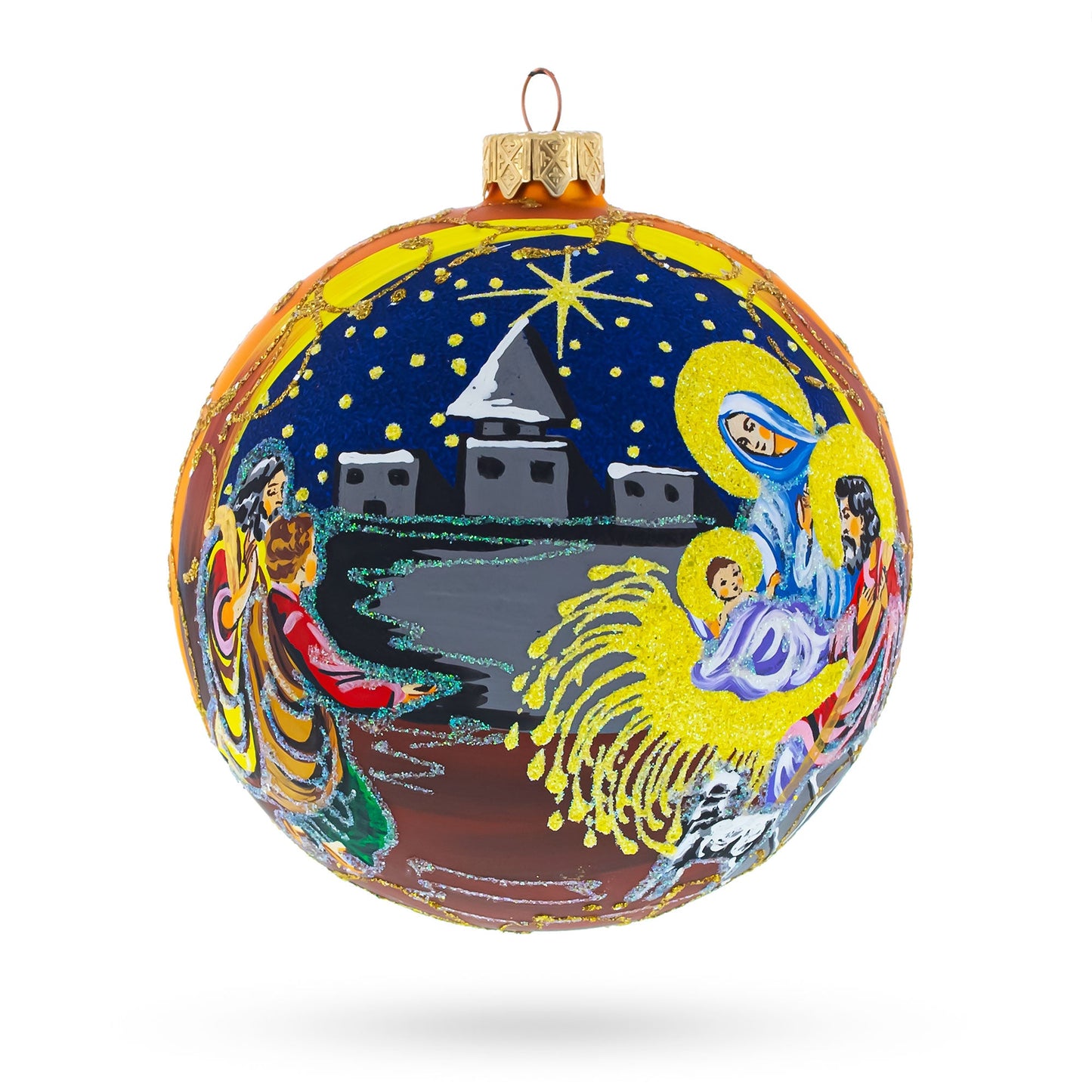 Heavenly Stars Admiring Newborn Jesus Glass Ball Christmas Ornament 3.25 Inches