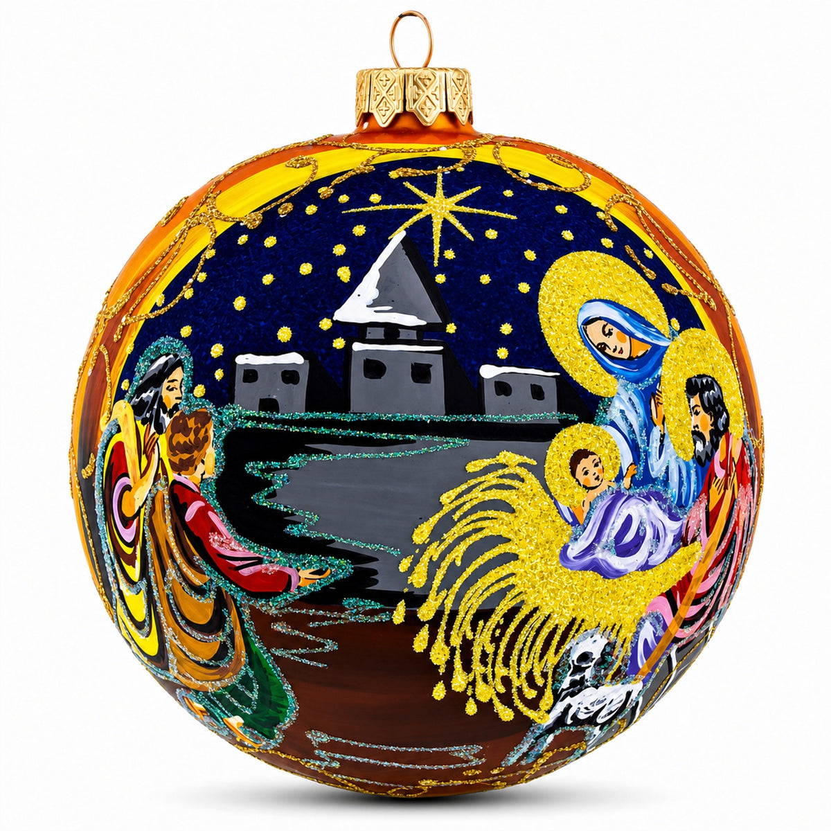 Sacred Nativity Scene on Gold Glass Ball Christmas Ornament 4 Inches