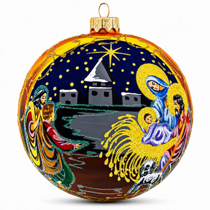 Sacred Nativity Scene on Gold Glass Ball Christmas Ornament 4 Inches