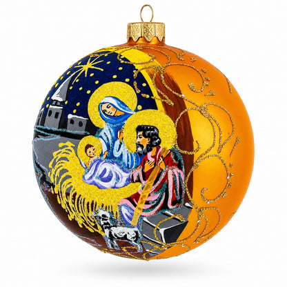 Sacred Nativity Scene on Gold Glass Ball Christmas Ornament 4 Inches