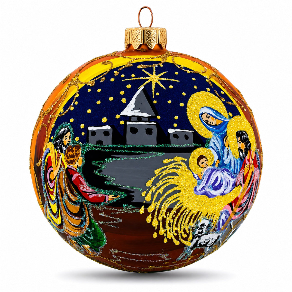 Heavenly Stars Admiring Newborn Jesus Glass Ball Christmas Ornament 3.25 Inches
