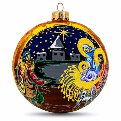 Heavenly Stars Admiring Newborn Jesus Glass Ball Christmas Ornament 3.25 Inches