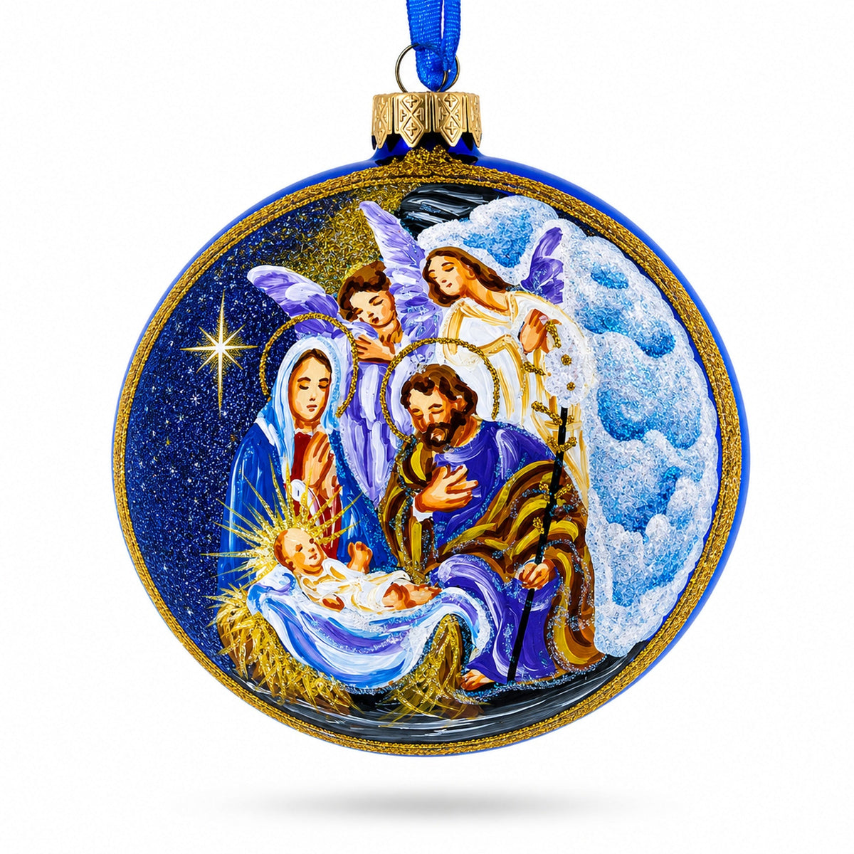 Divine Angels and Holy Family Admiring Jesus Nativity Scene Glass Ball Christmas Ornament 4 Inches