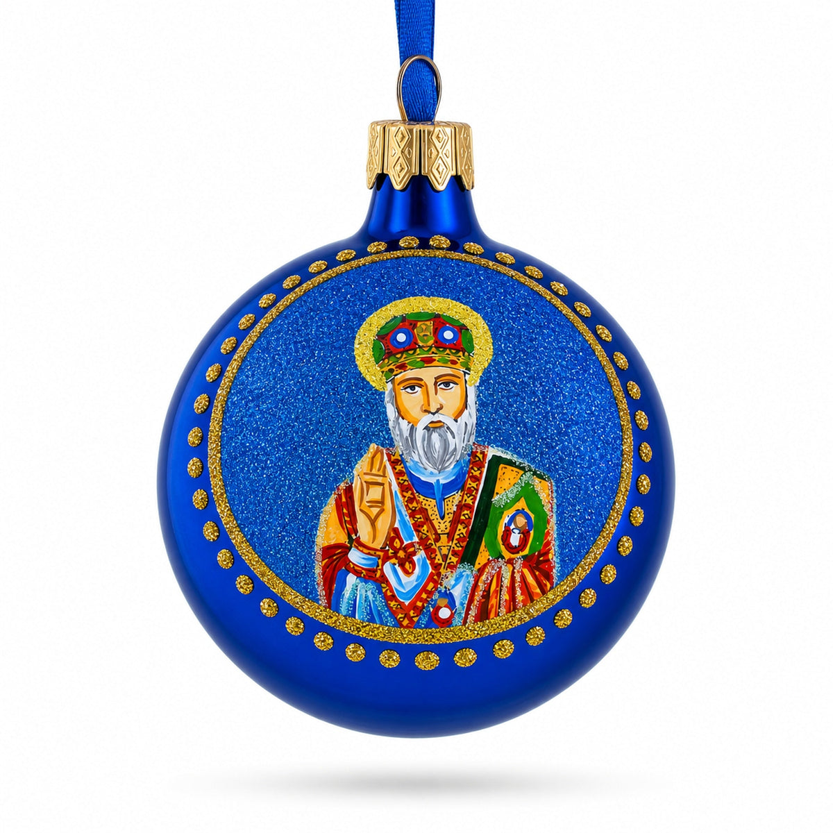 St. Nicholas with the Bible Ukrainian Glass Ball Christmas Ornament 3.25 Inches