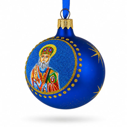 St. Nicholas with the Bible Ukrainian Glass Ball Christmas Ornament 3.25 Inches