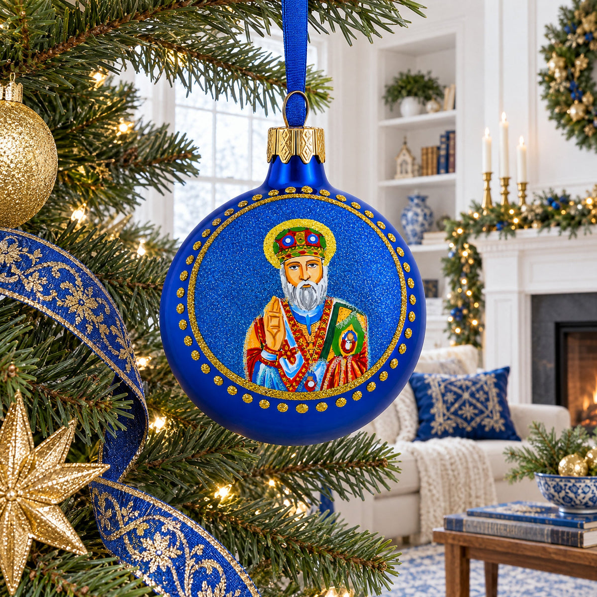 St. Nicholas with the Bible Ukrainian Glass Ball Christmas Ornament 3.25 Inches
