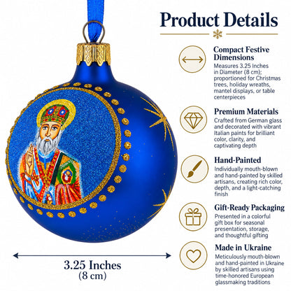 St. Nicholas with the Bible Ukrainian Glass Ball Christmas Ornament 3.25 Inches