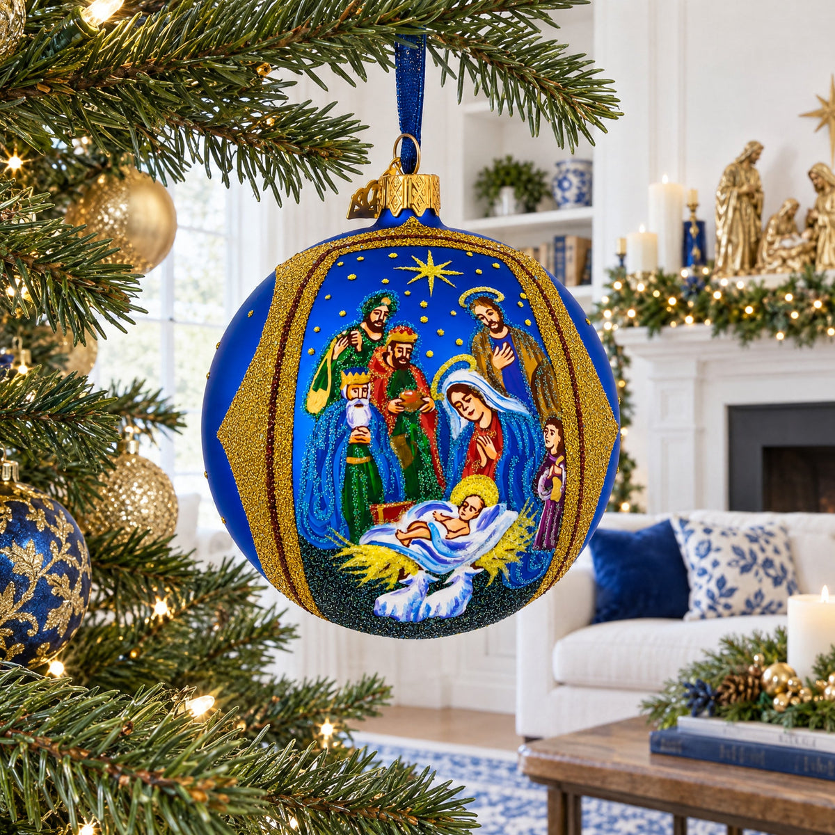 Sacred Nativity Gathering Glass Ball Christmas Ornament 4 Inches