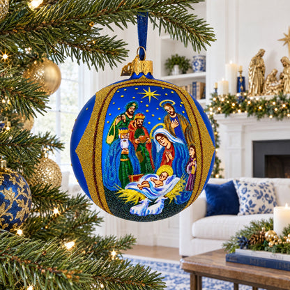 Sacred Nativity Gathering Glass Ball Christmas Ornament 4 Inches