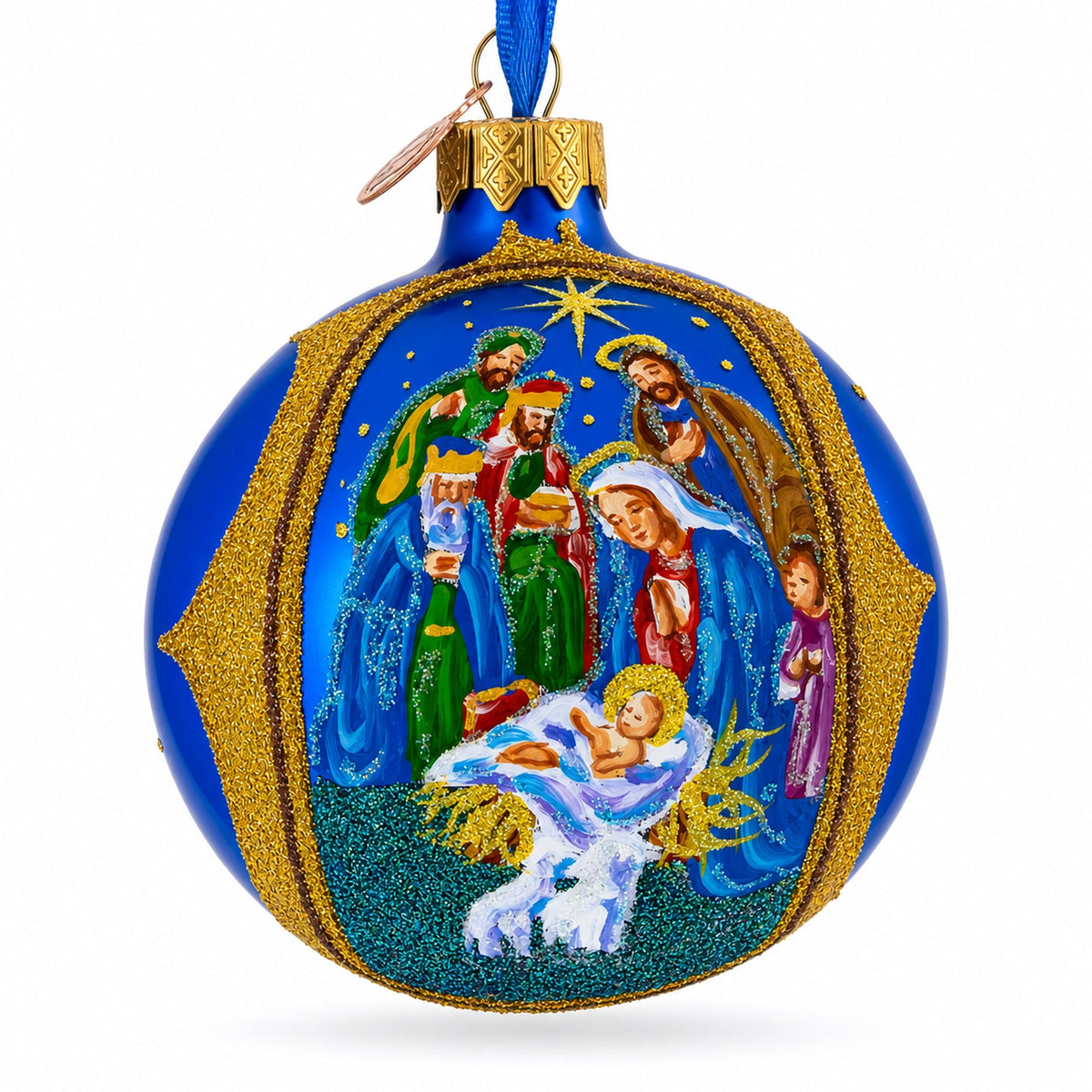 Sacred Nativity Gathering Glass Ball Christmas Ornament 3.25 Inches