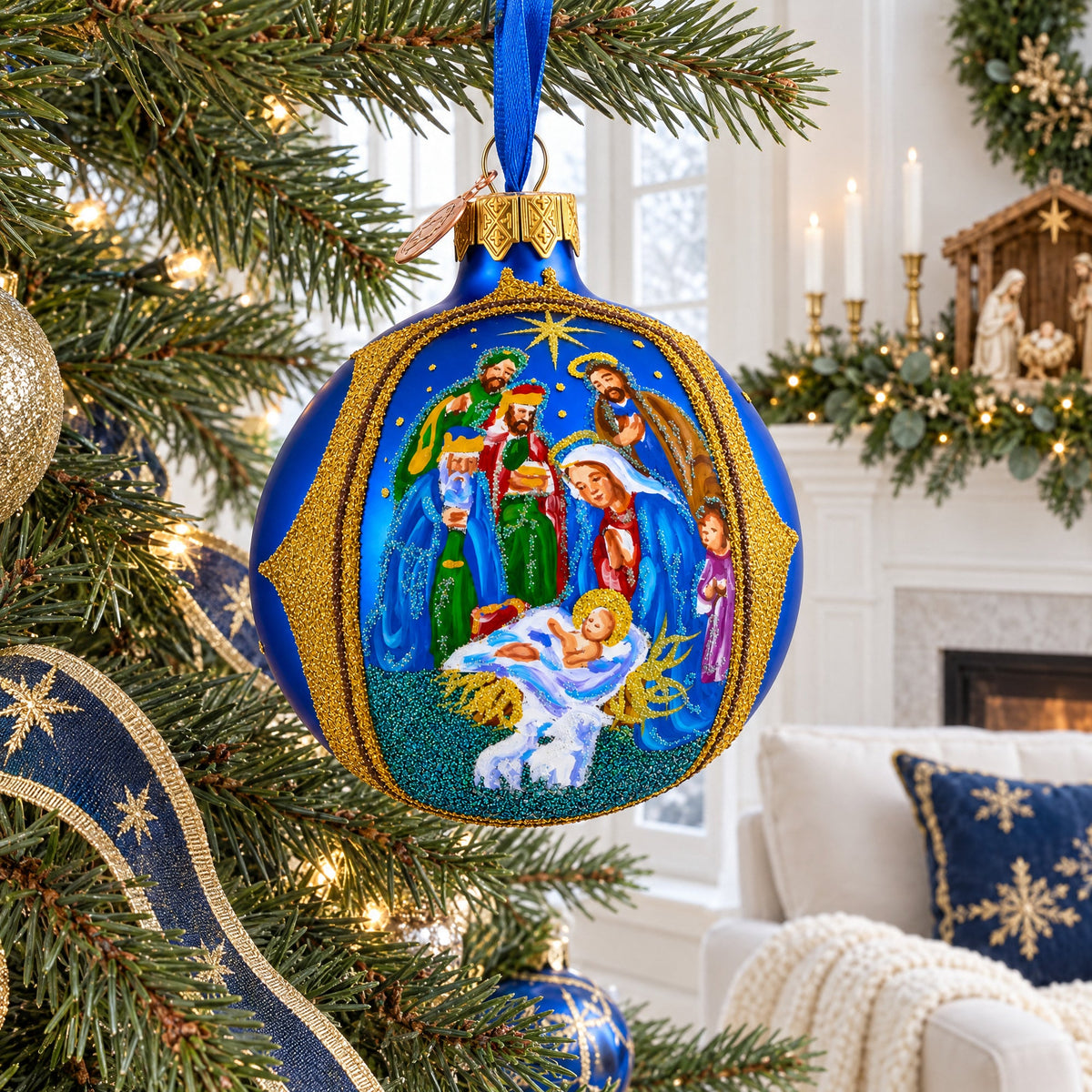 Sacred Nativity Gathering Glass Ball Christmas Ornament 3.25 Inches