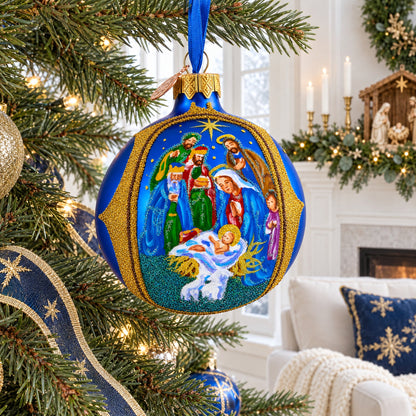 Sacred Nativity Gathering Glass Ball Christmas Ornament 3.25 Inches